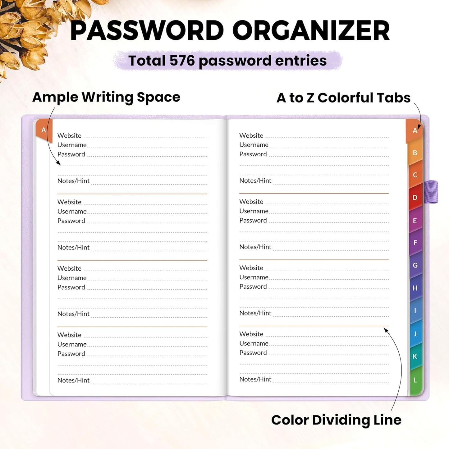 SUNEE Password Book with Colorful Alphabetical Tabs, Password Books for Seniors, Password Keeper Book for Computer and Internet Address Website Login, 5.3''x 7.7''- Purple