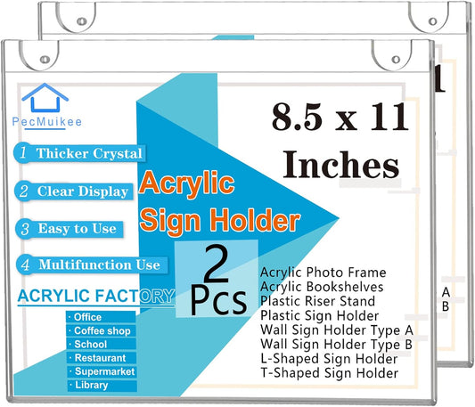PecMuikee Acrylic Sign Holder 8.5x11 Horizontal, Wall Mount Acrylic Sign Holder and Plastic Paper Display Ad Frame bonus with 3M Tape and Mounting Screws for Restaurants, Office, Market, Store, 2 Pcs