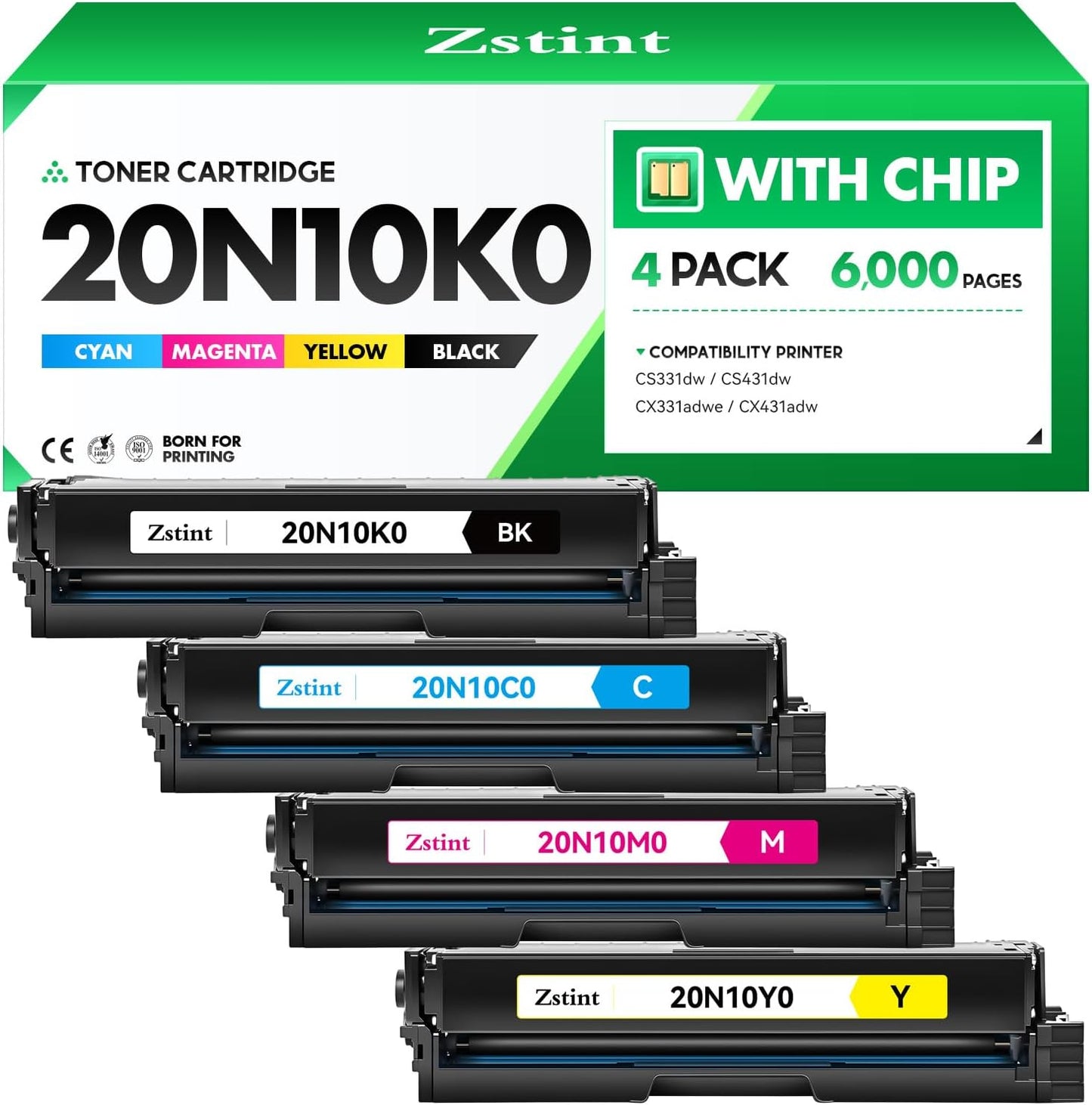 20N10K0 20N10C0 20N10M0 20N10Y0 Toner Cartridge Set（4-Pack with chip） Replacement Compatible for Lexmark Color CS331dw CS431dw CX331adwe CX431adw Laser Printer All-in-One（Black Cyan Magenta Yellow）