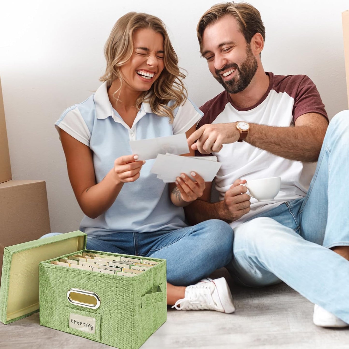 Vienrose Greeting Card Organizer 1 Pack, Storage Box with 20 Adjustable Dividers, Foldable Organizer Box Holds over 150 Cards, Storage Stickers Recipes Photos Envelopes Bills Vinyl Records, GrassGreen