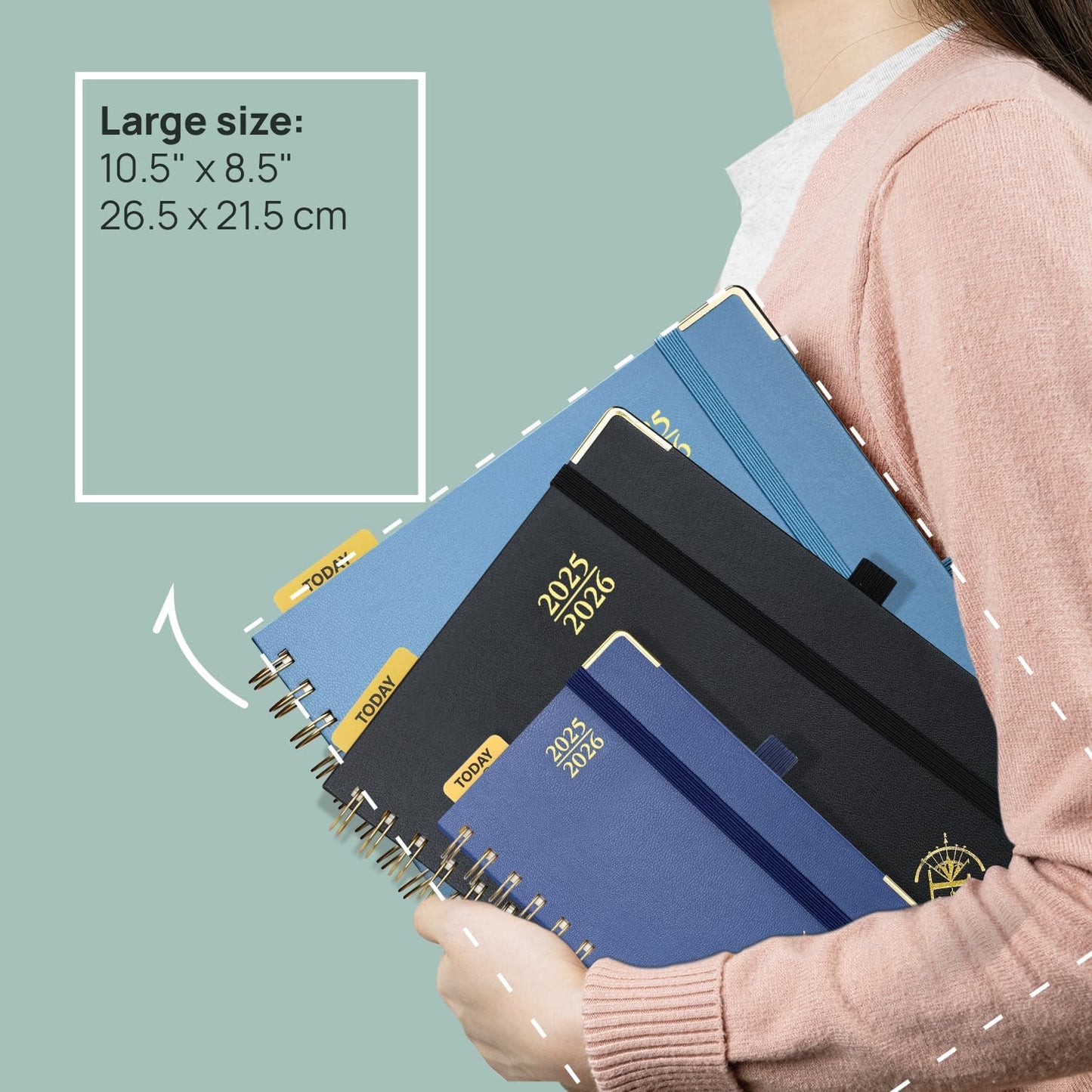 POPRUN Academic Planner 2025-2026 (July 2025-June 2026), Daily Weekly and Monthly Appointment Book (Wirebound Hard Cover - 10'' x 8'') with Hourly Time Slots, Tabs, 100 GSM - Haze Blue