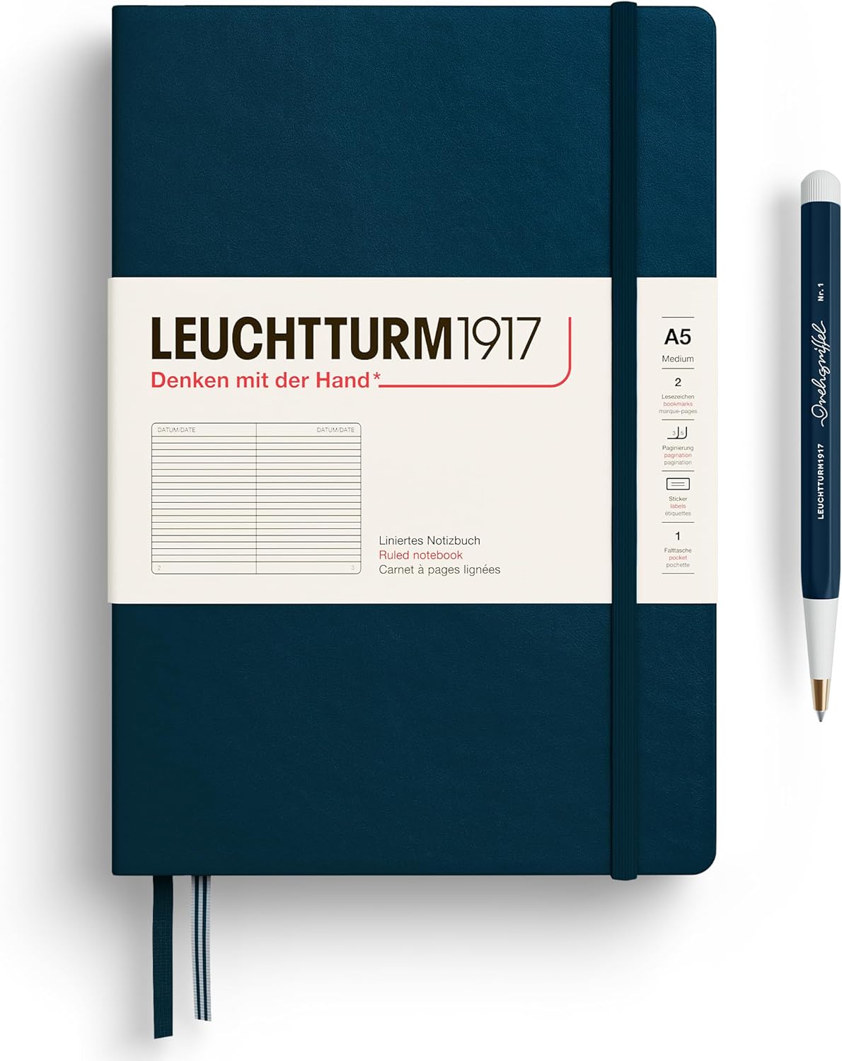 LEUCHTTURM1917 - Notebook Hardcover Medium A5-251 Numbered Pages for Writing and Journaling - Thinking Ahead (Ruled Paper, Deep Sea)