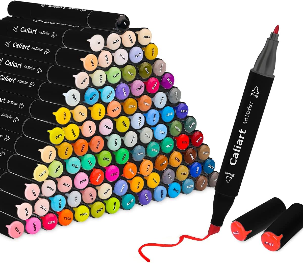 Caliart Markers, 100 Colors Dual Tip Art Markers Sketch Pens Permanent Alcohol Based, with Case for Adult Kids Halloween Drawing Sketching (Black Barrel)