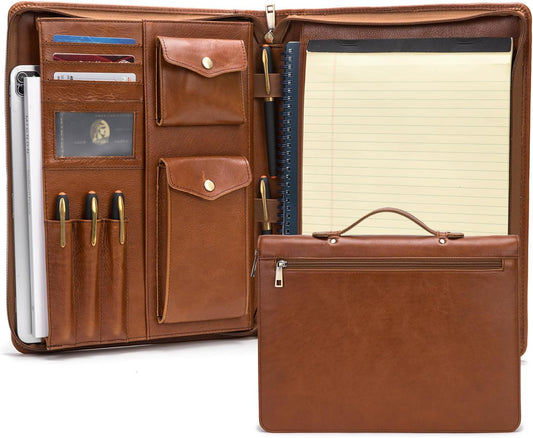 Genuine Leather Portfolio with Hidden Handle, Zippered Front Pocket, Business Padfolio for Men and Women, 8.5 x 11 Legal Pad Notebook Holder, Office Letter Notepad Folio, Oil Tanned
