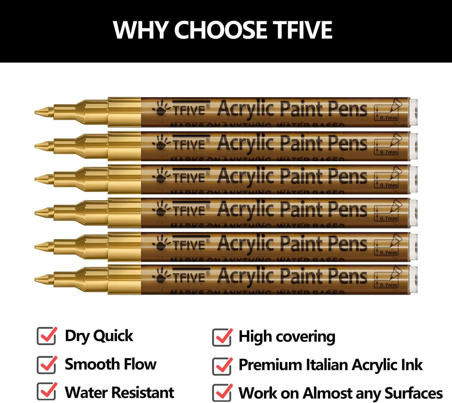 Gold Marker Paint Pens - 6 Pack Acrylic Gold Permanent Marker, 0.7mm Extra Fine Tip Paint Pen for Art projects, Drawing, Rock Painting, Stone, Ceramic, Glass, Wood, Plastic, Metal, Canvas DIY Crafts