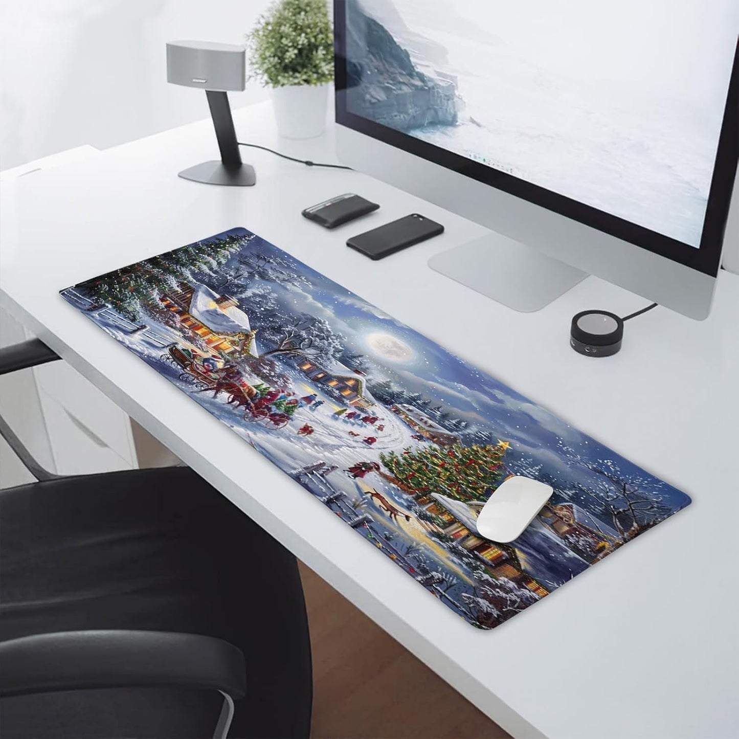 Christmas Gaming Mouse Pad XL Xmas Tree Deer Snowflake Extended Winter Holiday Large Mat Mousepad Desk Pad Non-Slip Rubber Base Stitched Edge Long Keyboard Pad for Computer,31.5×11.8 Inch