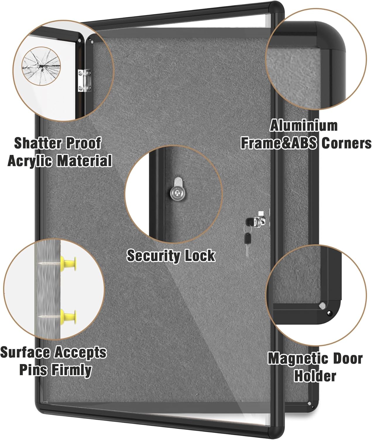 38"x28" Enclosed Bulletin Board, Lockable Weather-Resistant Aluminum Cork Noticeboard for Hospital School & Office, Black Frame w/Grey Flet
