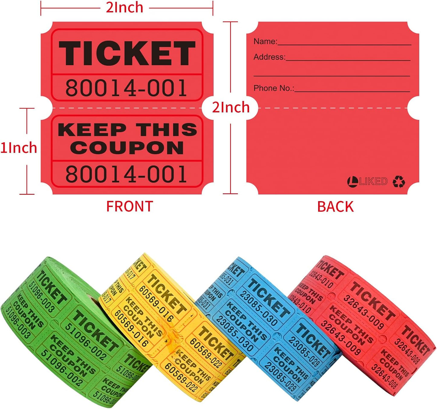 L LIKED 4000 Pairs Double Raffle Tickets - 4 Assorted Colors (Blue, Yellow, Red, Green), 1000 Tickets per Roll for Events, Fundraisers & Parties