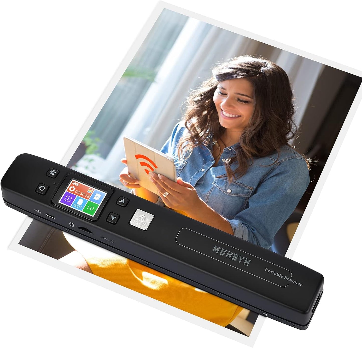 MUNBYN Portable Scanner, Photo Scanner for Documents, Pictures, Texts at 1050 DPI, Flat Scanning, Includes 16GB Card, Wand Document Reader with Wi-Fi or USB for Uploading to PC/Phone, No Driver Needed