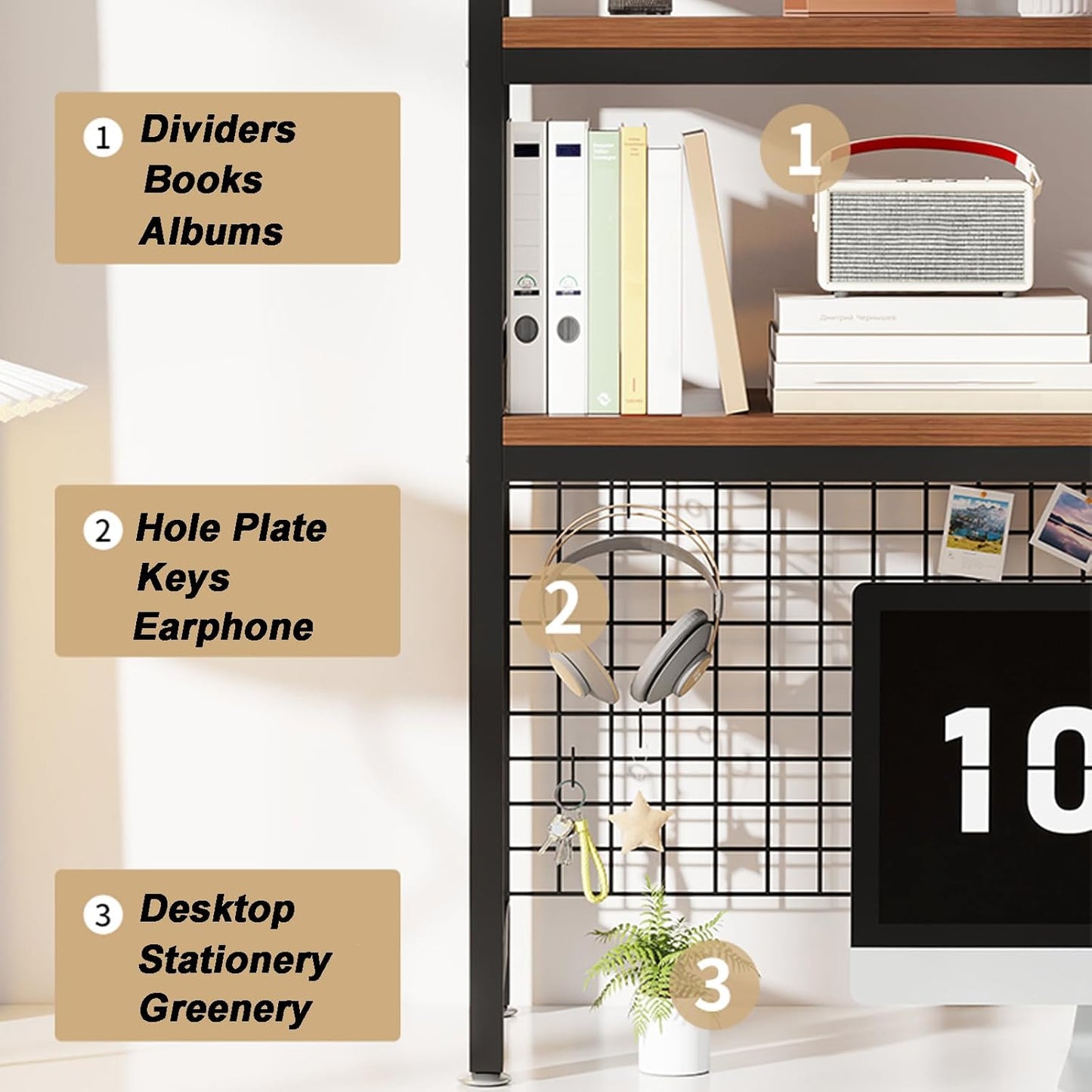 2-Tier Desktop Hutch Bookshelf Metal Desk Shelf Dorm Bookcase for Computer Desk Countertop Storage Organizer Display Rack for Office Home (Black, 45.2in)