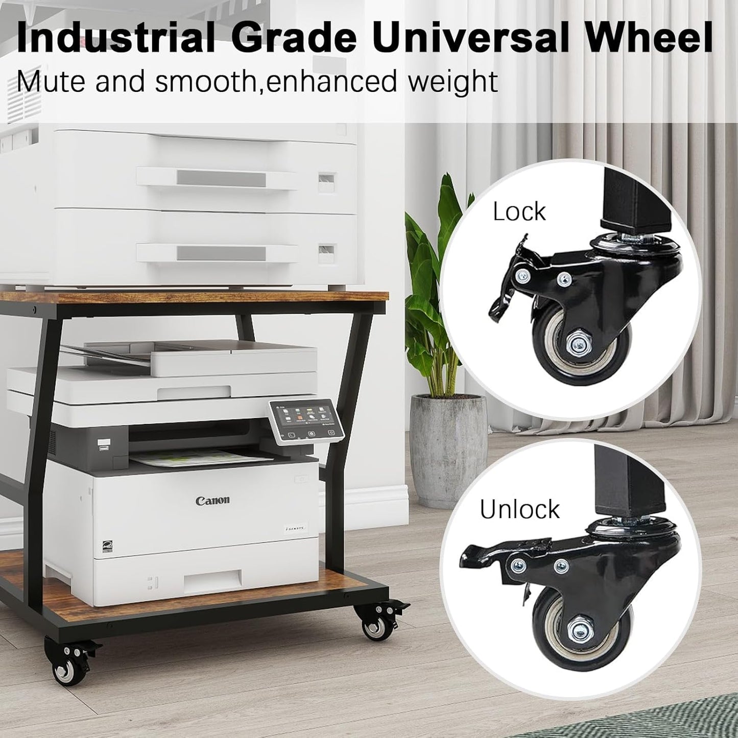 Natwind 2-Tier Large Printer Stand,23.6"x23.6"x29.5" Heavy-Duty Printer Table Cart with Paper Storage Shelf & Wheels,Ideal for Home Office Laser Printers, Copiers (Retro)