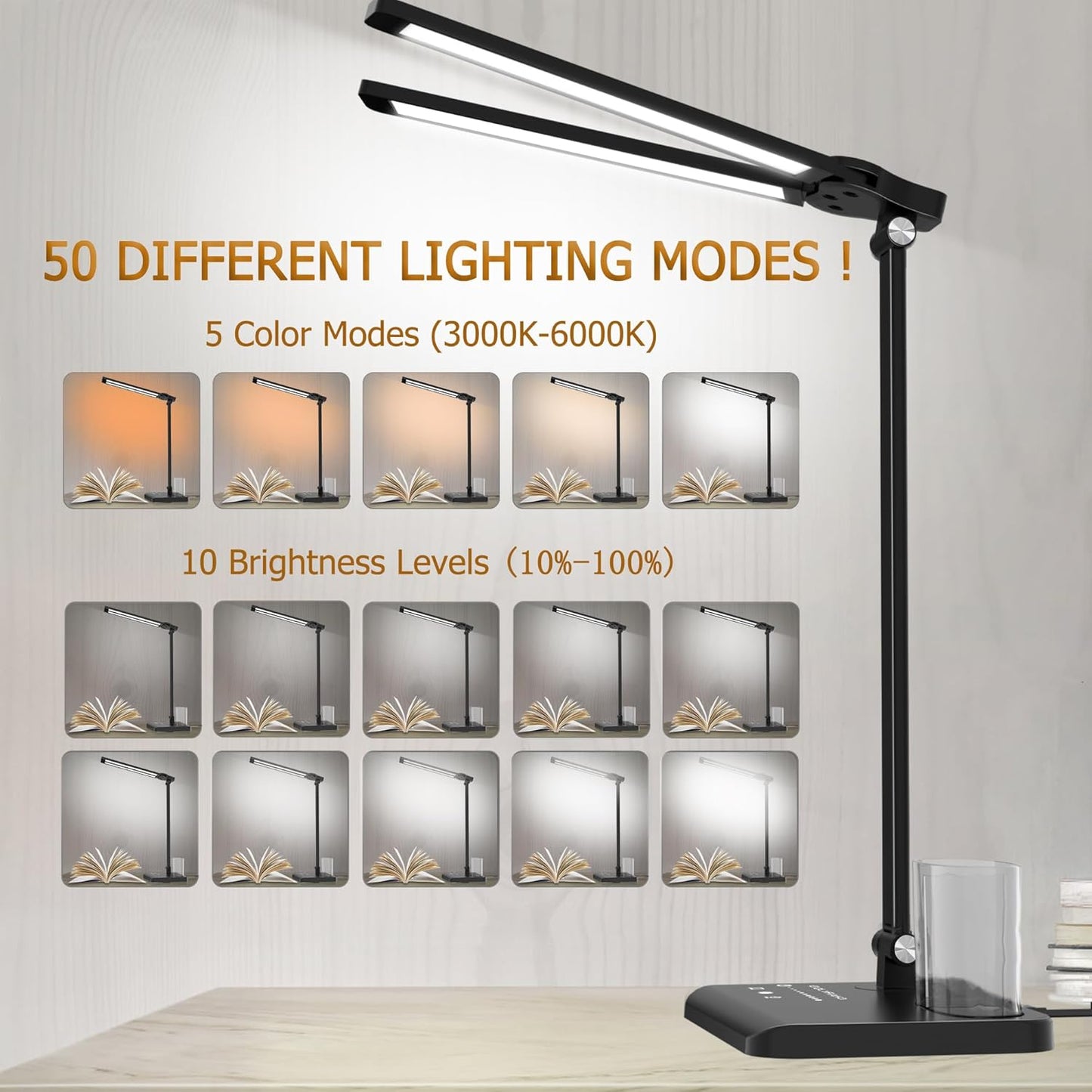 Dimmable LED Desk Lamp with USB Charging Port, 50 Lighting Modes Dual Swing Arm Architect Table Lamp Light Desk Lamp for Home Office Dorm Piano Nail
