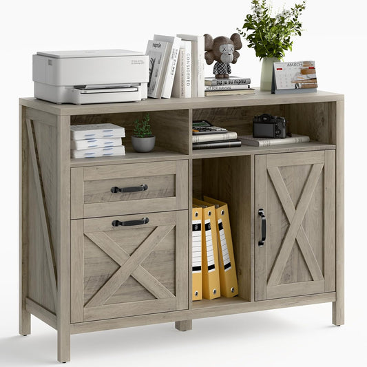 Lateral File Cabinet with 2 Drawers and Door, Farmhouse File Cabinet for A4/Letter Size Hanging Files, Large Wood File Storage Cabinets Printer Stand with Open Space for Home Office Furniture, Grey