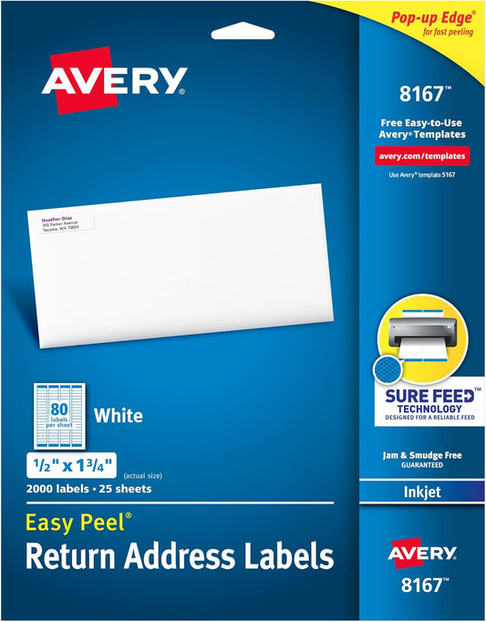 Avery Printable Return Address Labels with Sure Feed, 0.5" x 1.75", White, 2,000 Blank Mailing Labels (08167)