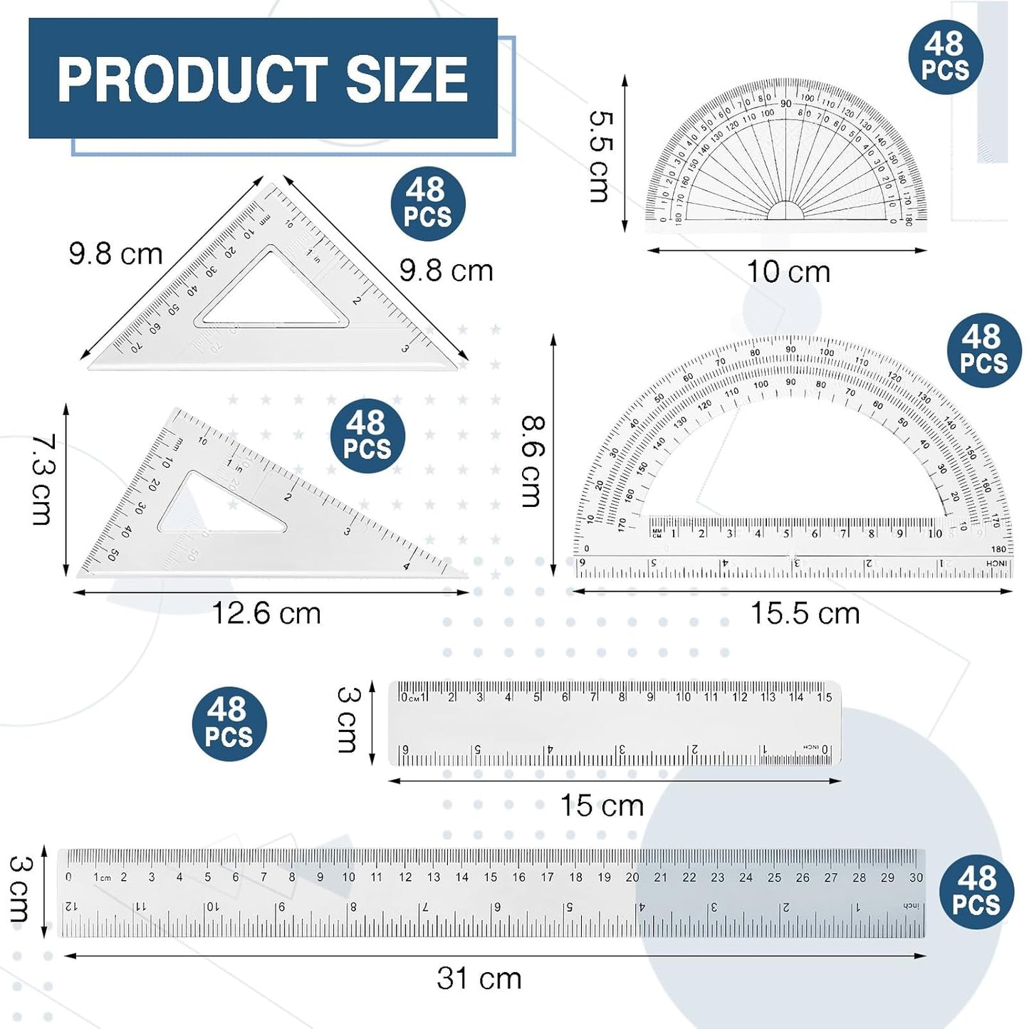 Tenare 288 Pcs Plastic Clear Math Set Includes Protractor Triangle Rulers 12 Inch 6 Inch Straight Geometry Math Transparent Ruler Measuring Tool for School Office Home Supplies