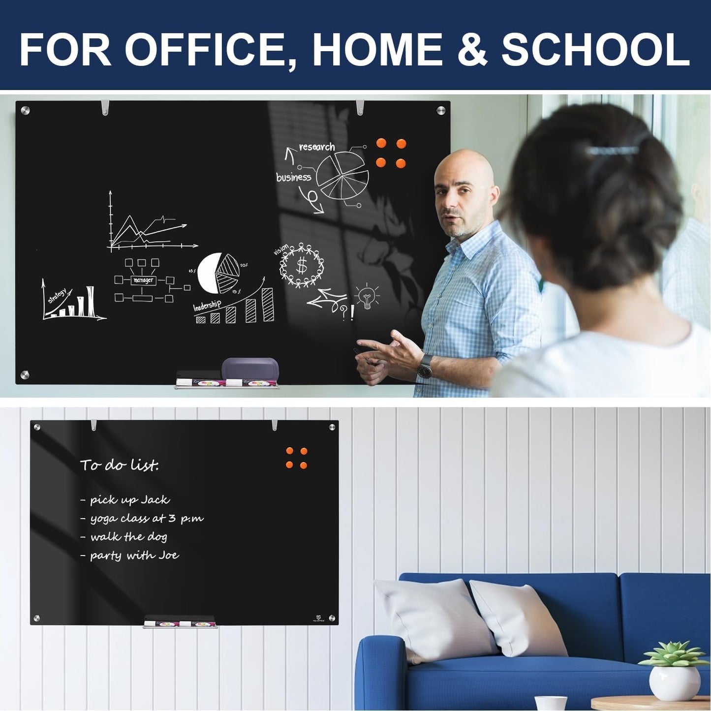TSJ OFFICE Glass Dry-Erase Board - 36 x 24 Inches Wall Mounted Black Glass Magnetic Whiteboard, Frameless Large White Board for Office, Home & School