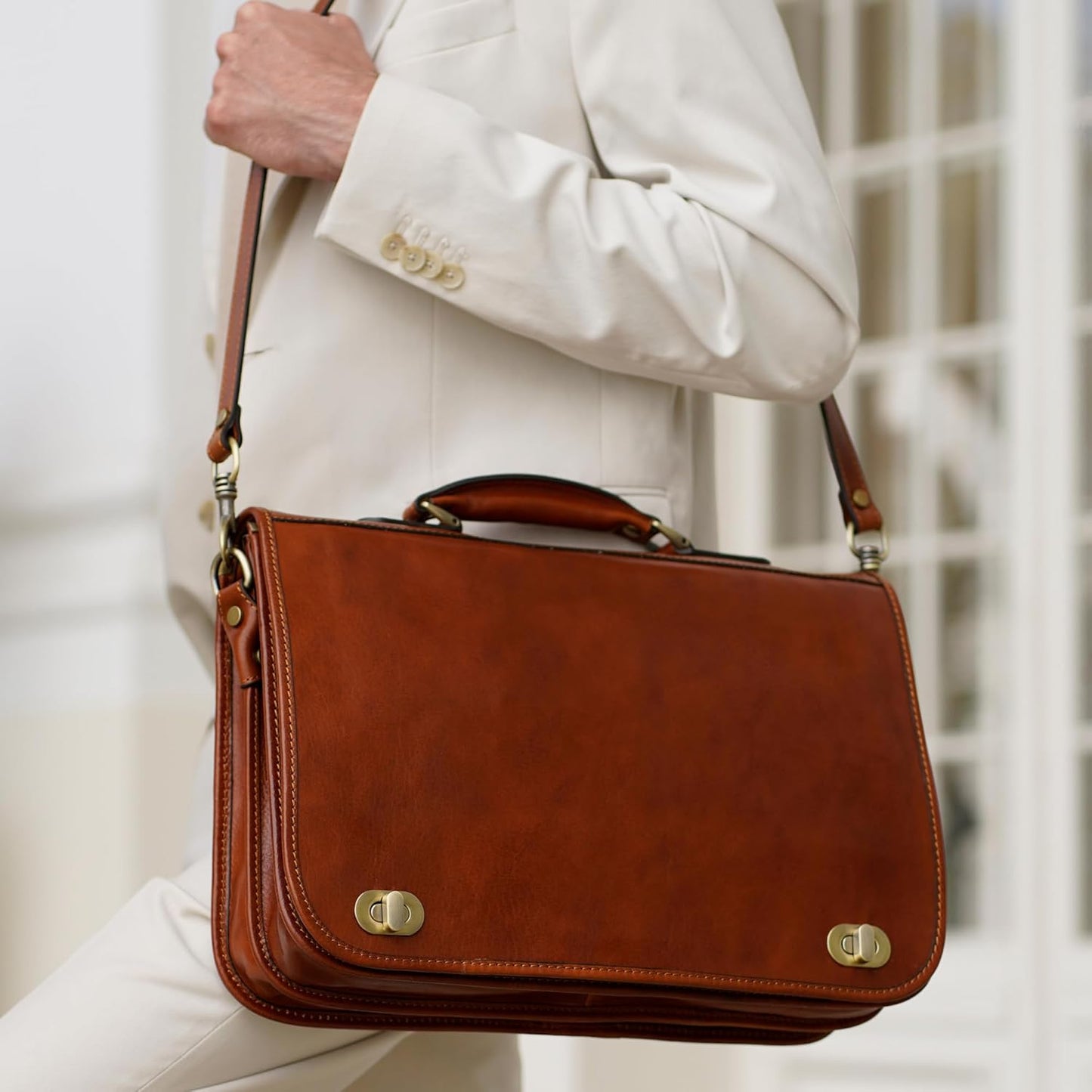 Time Resistance Leather Briefcase for Men - Italian Full Grain Leather Laptop Bag - Messenger Bag - Gift Box Included