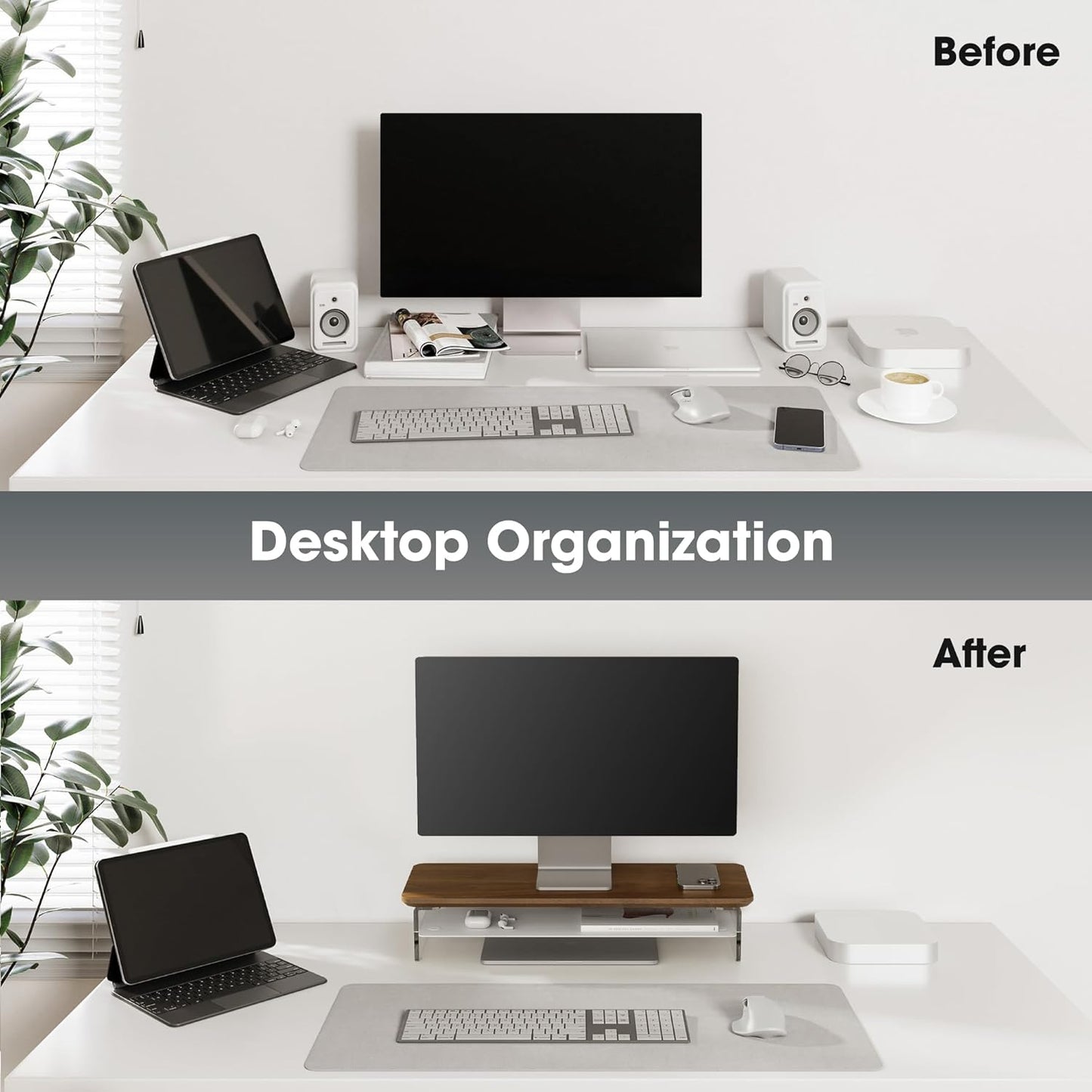 Fenge Acrylic Monitor Stand Riser, 23.6 Inches Monitor Stand with Metal Storage, 2 Tier Acrylic Computer Riser for Desk, Clear Laptop Stand for PC, Laptop, Printer, TV