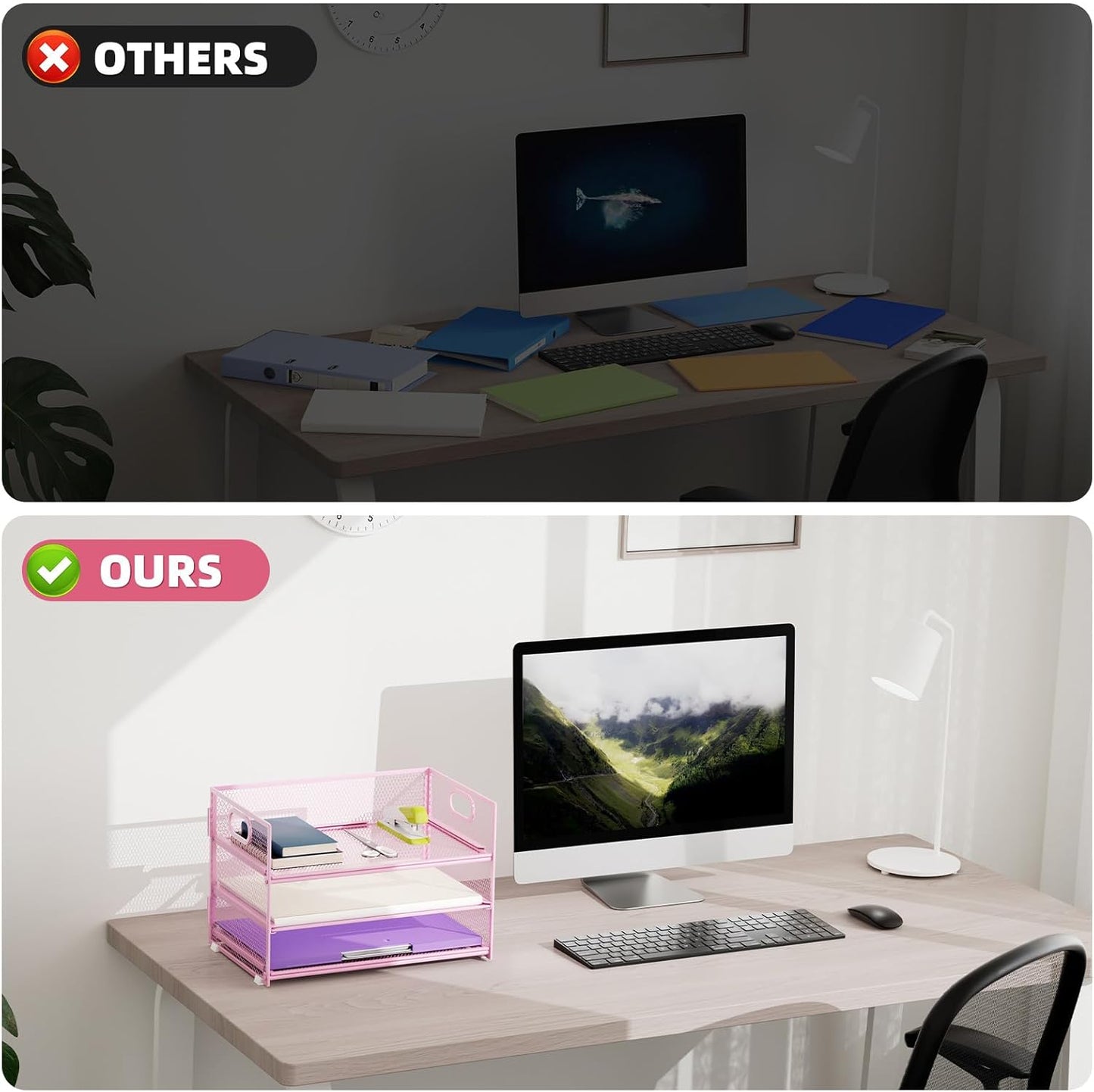 Marbrasse 3 Tier Paper Organizer Letter Tray, Mesh File Organizer with Handle, Paper Sorter Desk Organizer for Home Office Supplies(Pink)