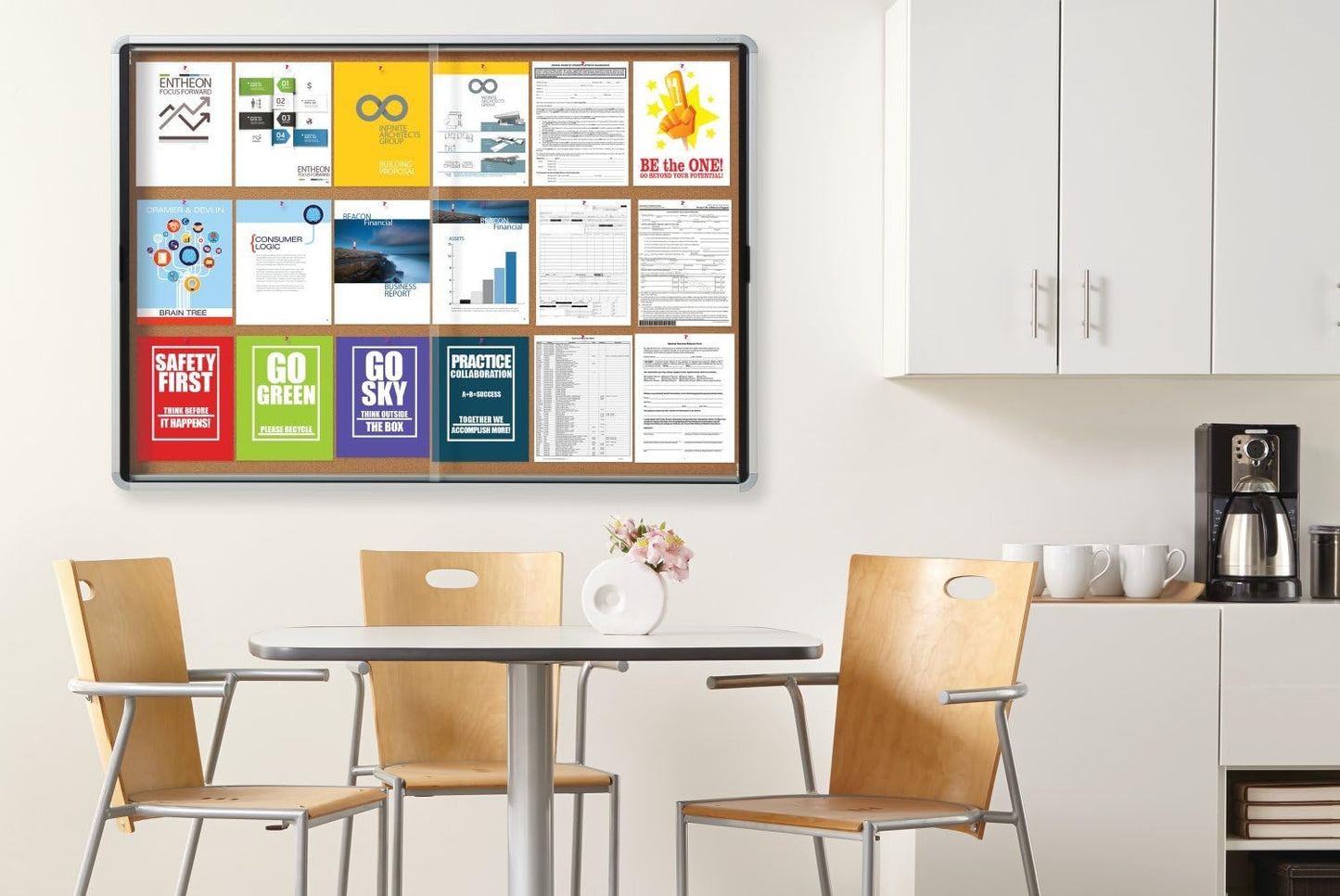 Quartet Enclosed Cork Bulletin Board, 56" x 39" or 18 Sheets, 2 Sliding Doors, Aluminum Frame (EISC3956)