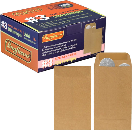 200 Pack #3 Kraft coin envelope 2.5 x 4.25 inches Kraft Envelopes Classic Small Parts Envelopes with Self Adhesive Gummed Flap for Coins Cash Credit Cards Seeds