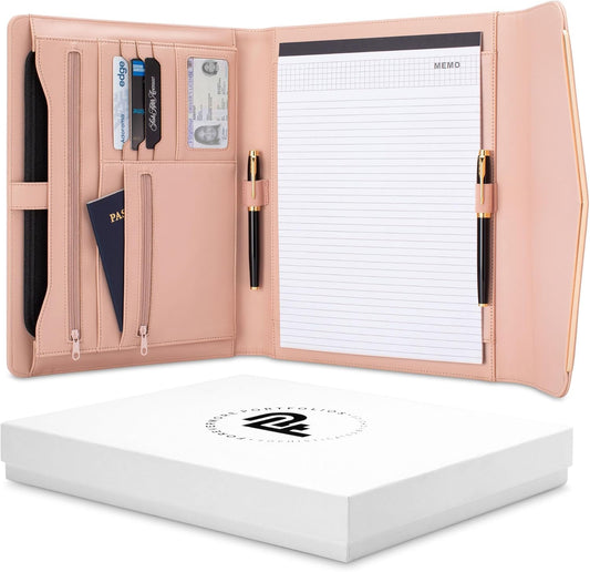 Padfolio Binder Organizer for Women | Faux Leather Portfolio Folder for Resume, Documents, Notebook, Tablet and Business Cards | Notepad Included - Pink with Gold Edge