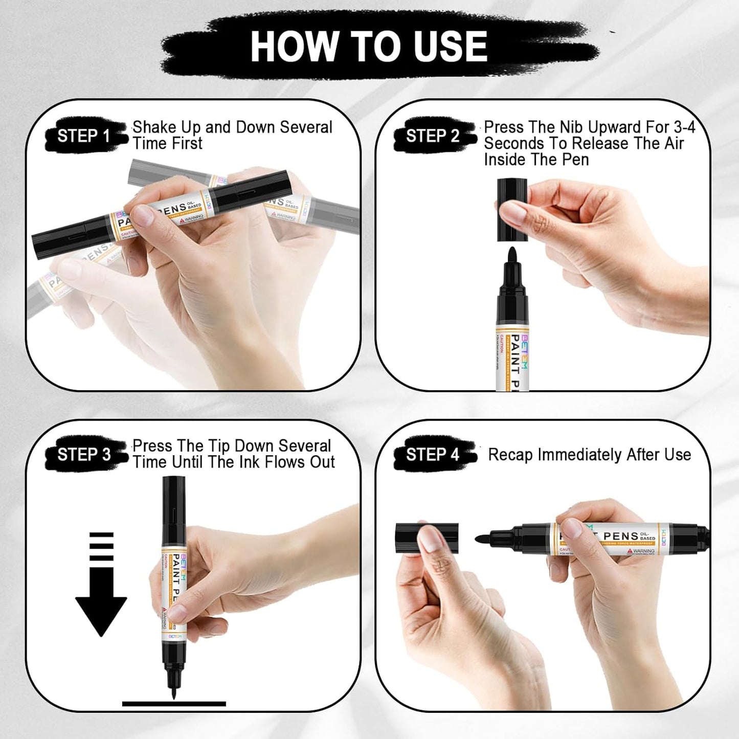 Betem 4 Count Dual Tip Oil Based White Black Paint Markers Pens(0.7mm & 3mm), Permanent Paint Marker, Waterproof, Quick Dry, for Rock Painting, Wood, Plastic, Metal, Canvas(2White 2Black)