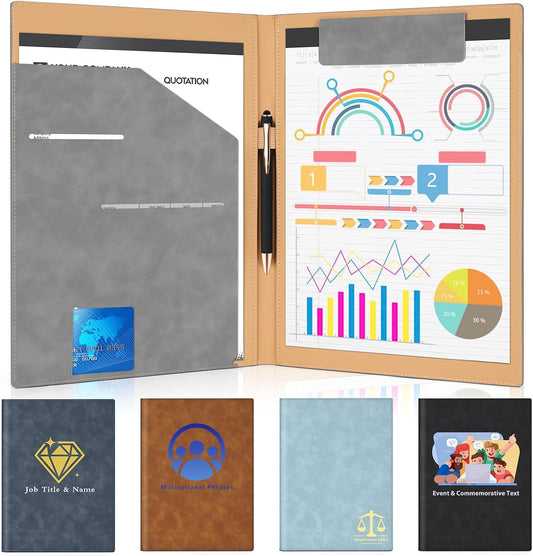 Personalized Padfolio Folder, Leather Custom Portfolio for Men & Women Resumes Office Business, A4 Portfolio Binder for Office College Resumes (Gray)