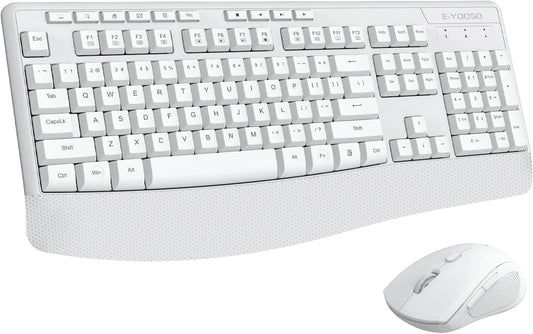 Wireless Keyboard and Mouse Combo, E-YOOSO 2.4GHz Full Sized Ergonomic Wireless Keyboard with Wrist Rest, 3 DPI Adjustable and 6 Buttons Cordless USB Mouse for Computer, Laptop, PC, Windows (White)