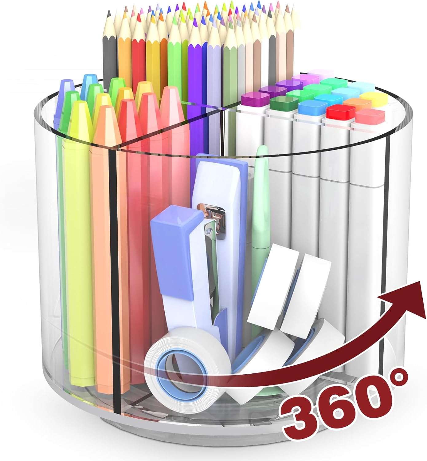 Absonic Pencil Holder for Kids, 360 Rotating Pen Holder for Desk Organizer and Storage, 4 Compartments Art Supply Marker Organizer, Pen Organizer Pencil Holder