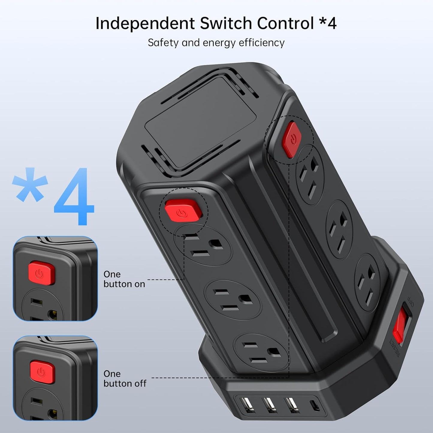 Power Strip Surge Protector, 10 Ft Extension Cord with 12 AC Multiple Outlets 4 USB (1 USB C), SMALLRT Power Tower Desktop Charging Station (Black, 10 FT PD20W)