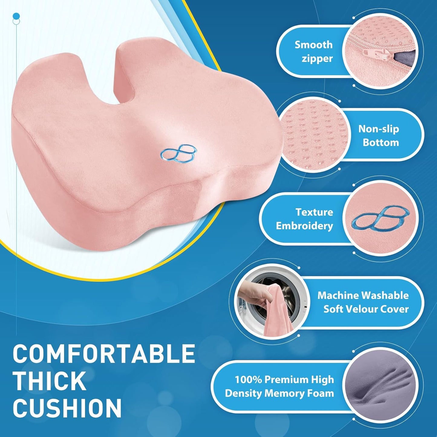 BlissTrends Seat Cushion,5.2in Thick Memory Foam Cushions for Office Chair, Car Seat, Airplane, Relieving Pressure Tailbone Sciatica Back Pain for Long Sitting Office Workers, Car Drivers Pink