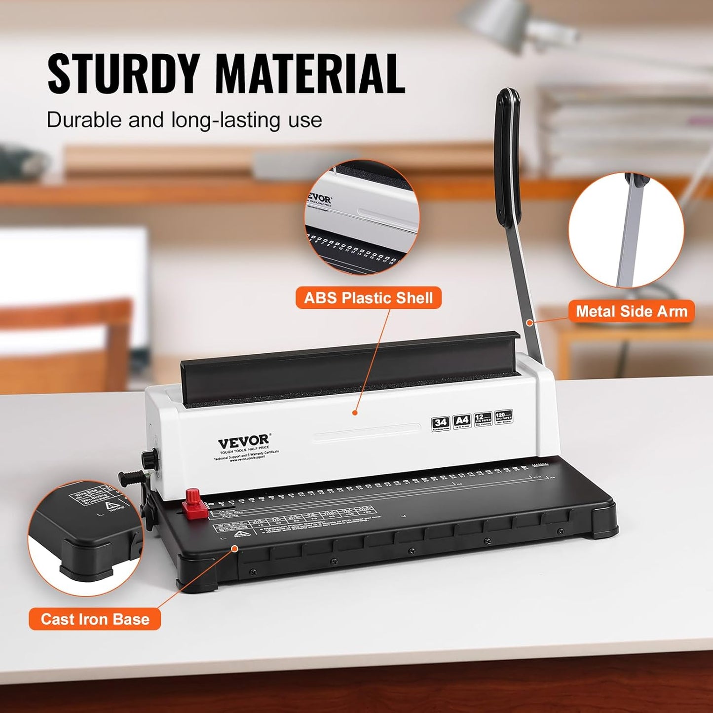 VEVOR Coil Spiral Binding Machine, Manual Book Maker 34-Holes Binding 120 Sheets, Punch Binder Adjustable 3/16" - 9/16" Coil Binding Spines, for Letter Size, A4, A5