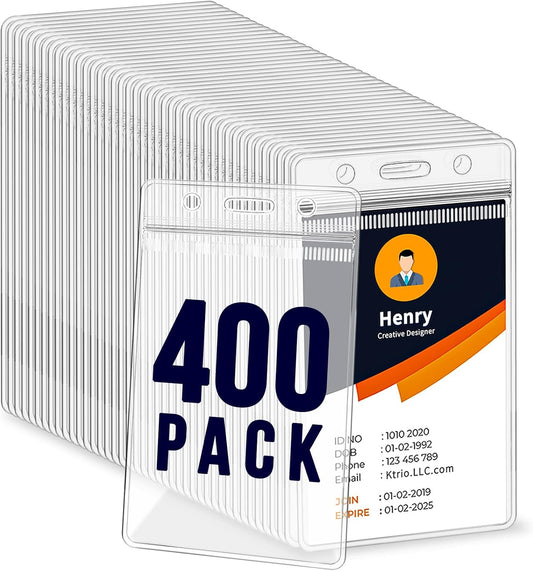 400 Pack Badge Holder, Plastic ID Badge Holder, Clear Waterproof ID Card Holder with Resealable Zip, 2.5" x 3.8" Vertical Name Tag Holder for Nurses and Office, Fits ID Card/Credit Card/Student Card