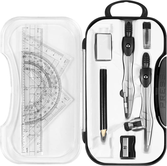 Math Geometry Kit Sets 10 Piece Student Supplies with Shatterproof Storage Box,Includes Rulers,Protractor,Compass,Eraser,Pencil Sharpener,Lead Refills,Pencil,for Drafting and Drawings（Black）
