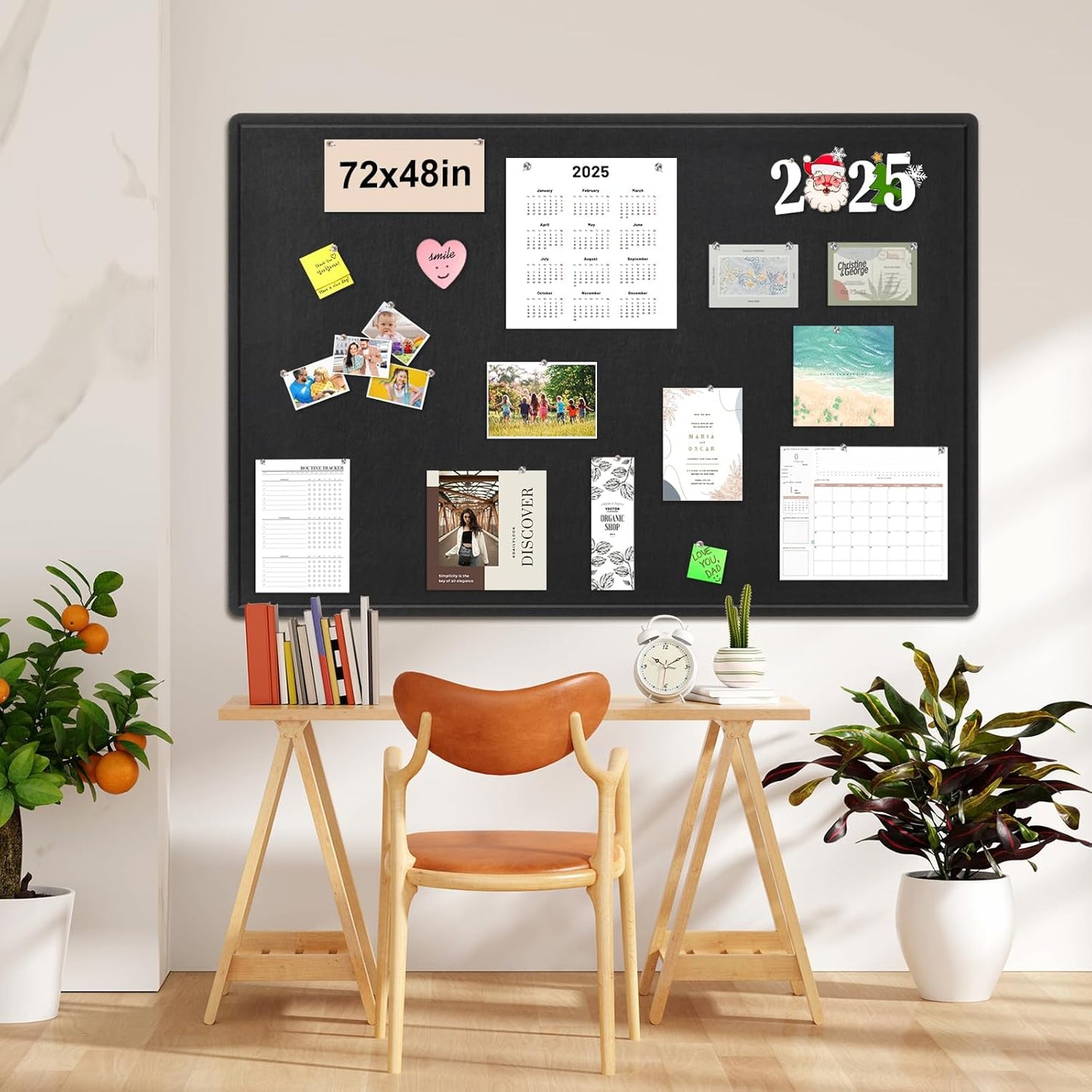 Large Bulletin Board - 72 x 48 Inches, Foldable Decorative Felt Board for Wall Photo Display Board with Self-Adhesive Tape, Includes 36 Push Pins - Black