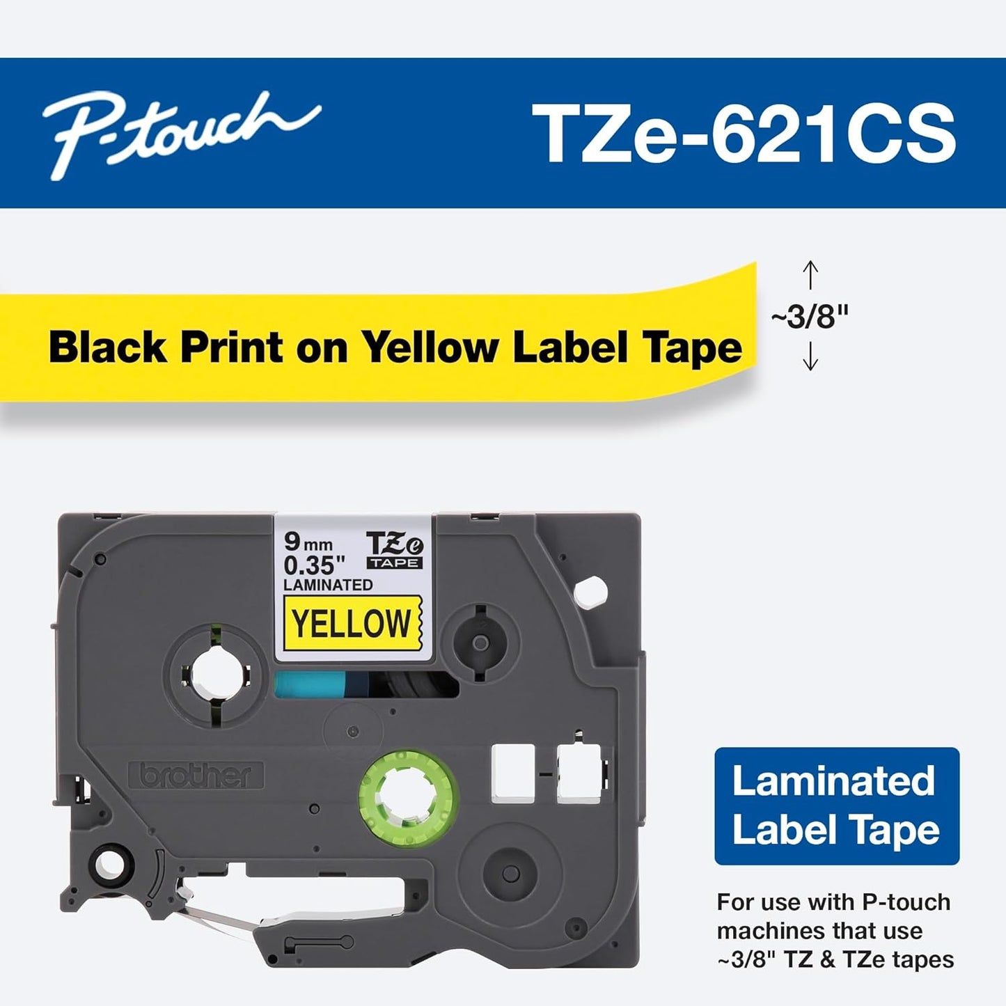 Brother Genuine P-touch, TZe-621CS, 0.35” x 26.2’, Black on Yellow Laminated Label Tape