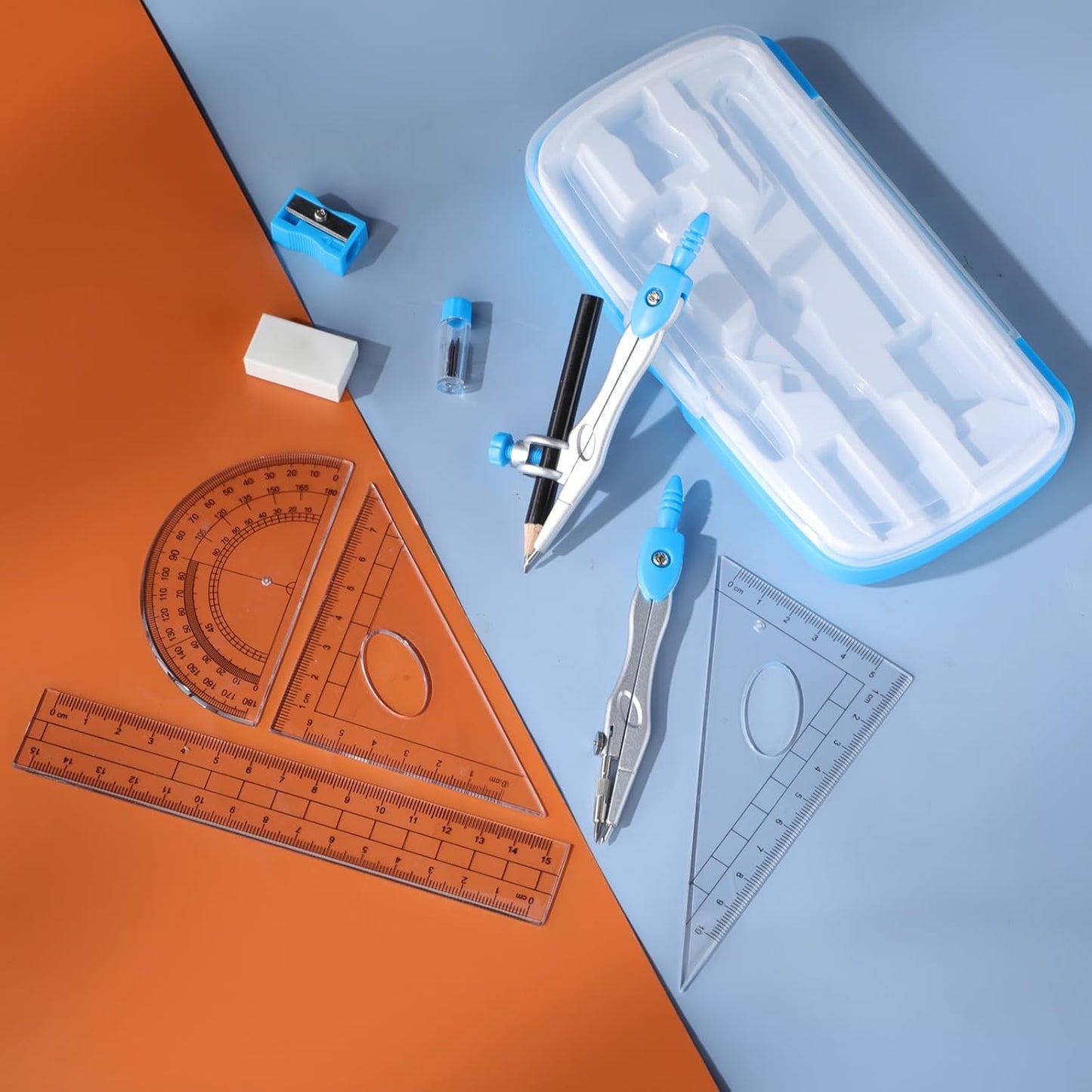 Zonon Math Geometry Set 10 Pcs Student Supplies with Shatterproof Storage Box, Includes Rulers Protractor Compass Pencil Sharpener Lead Refills Eraser Pencil for Drafting and Drawings(Blue)