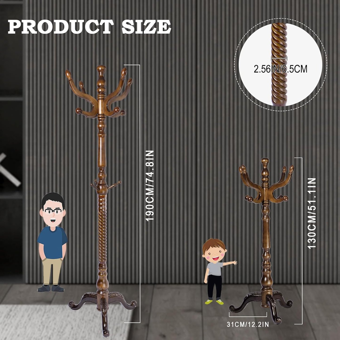 Coat Racks FreeStanding with 11 Hooks, Natural Wood Coat Rack with Tri-Legged Base, Adjustable Height Coat Racks, Easy Assembly for Hallway, Bedroom and Office (Walnut-Tri-Legged Base)