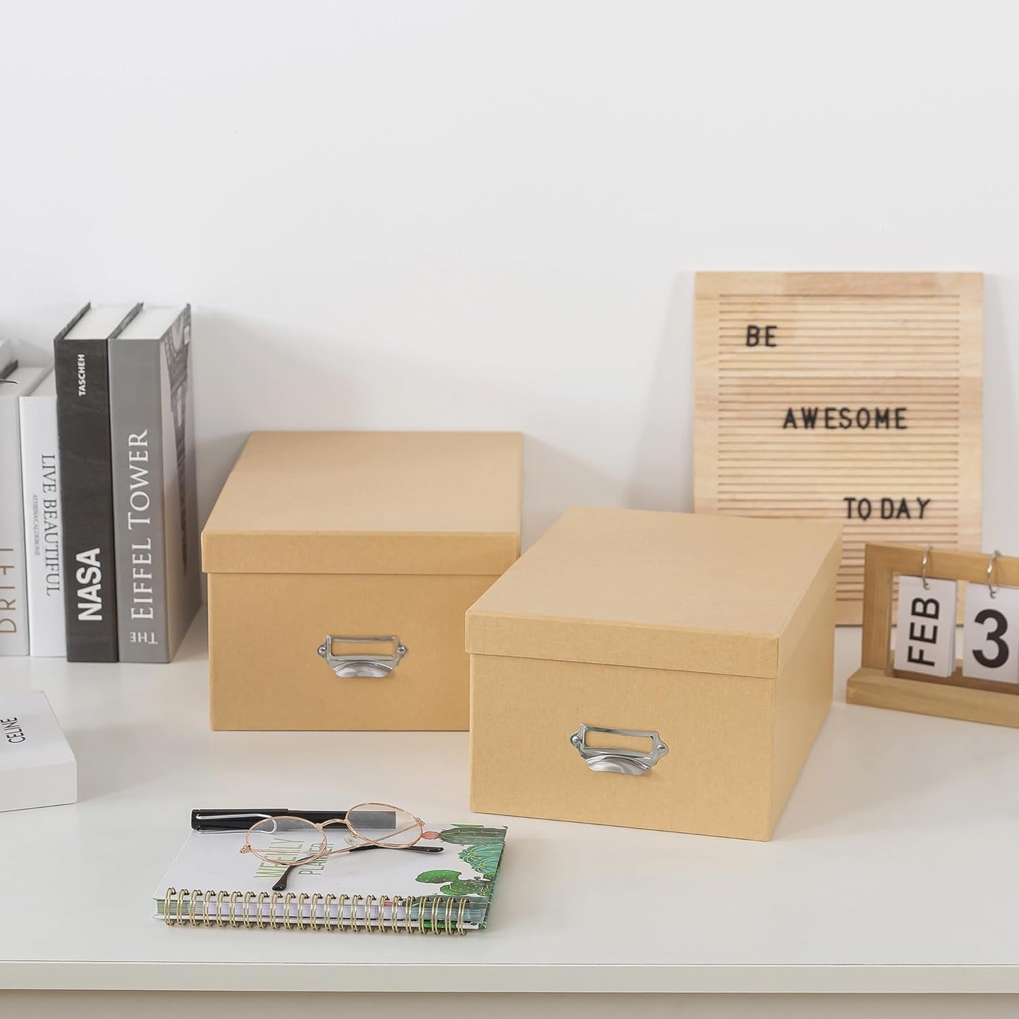 Soul & Lane Kraft Decorative Cardboard Storage Boxes with Lids, Set of 2 Stacking Keepsake Photo and Memory Boxes for Home & Office, Elegant Paperboard Organizers with Label Holders and Drawer Pulls