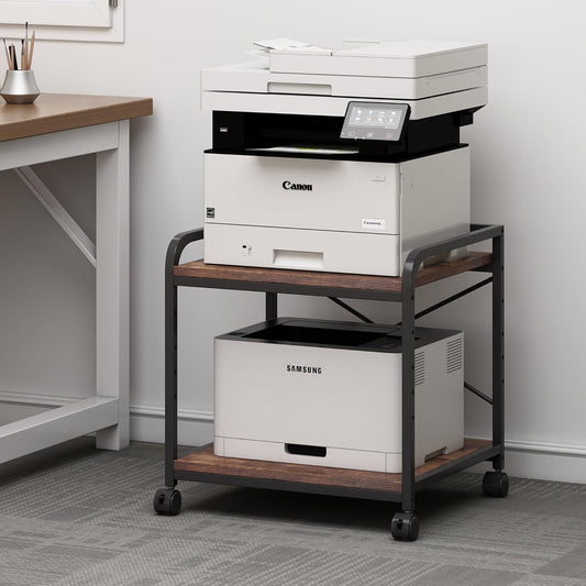 Under Desk Printer Stand, 20 Inches Deep Large Printer Table with Height Adjustable Storage Shelf, 2 Tier Rolling Printer Cart with Wheels for Home Office - Rustic Brown