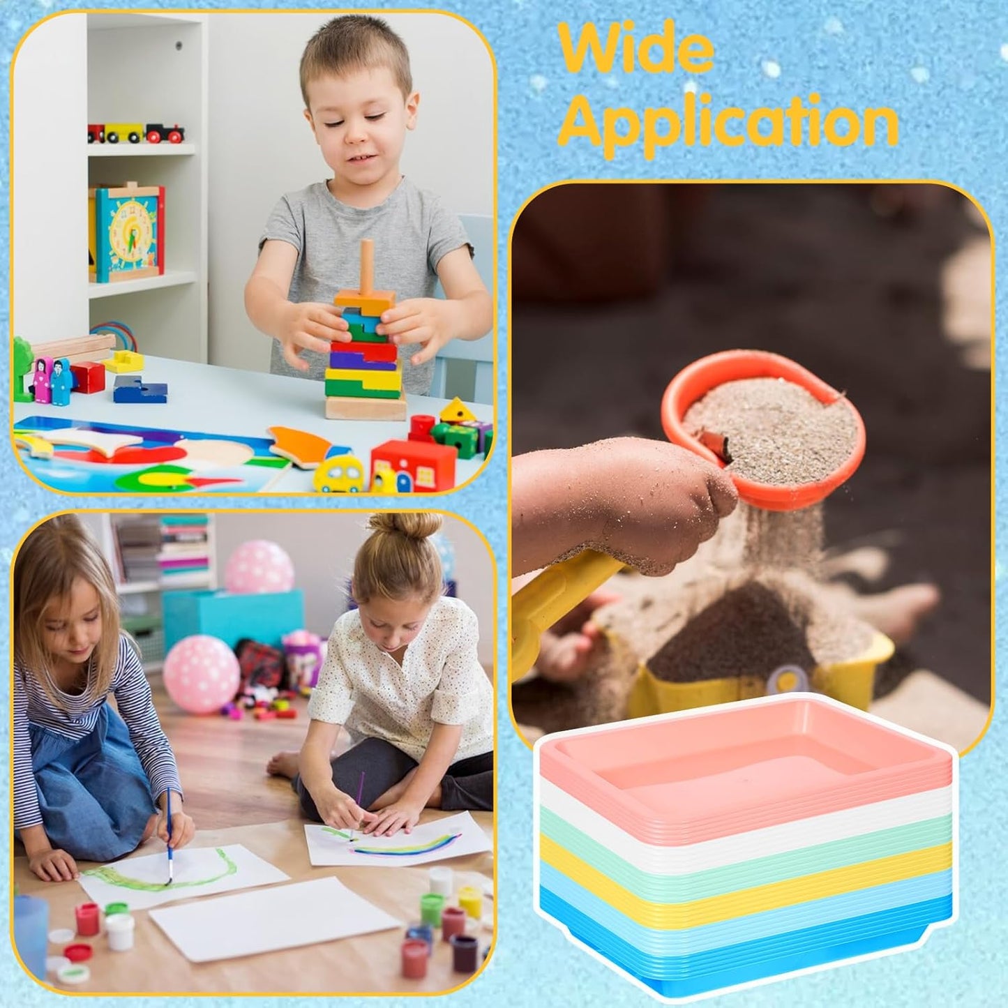 24Pcs Plastic Art Trays for Classroom Activity Craft Sand Trays Flat Storage Tray Serving Organizer Tray Stackable Bins for Painting Beads Office School DIY Projects 9.6 x 7.3 Inches