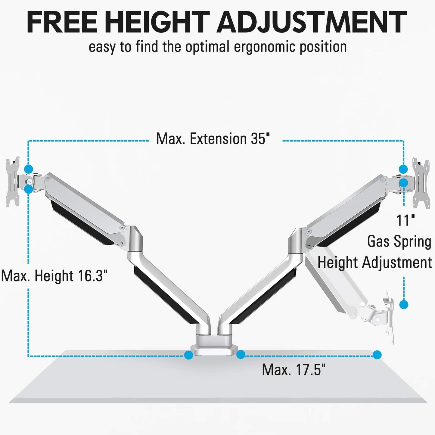 MOUNTUP Dual Monitor Desk Mount, Die-Cast Aluminum Fully Adjustable Double Monitor Arm with Gas Spring, Computer Monitor Stand Fits 2 Screen 17 to 32 inch - Each Arm Holds 3.3-17.6LBS, MU0024