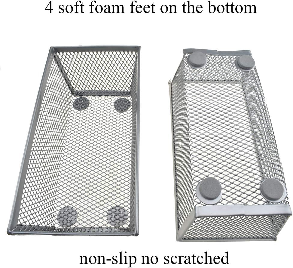 HAHIYO Stackable Mesh Tray Cup 6 x 3 x 2 inches Sturdy Container for Desk Drawer Organizer Collection for Home Office School kitchen Soft Foam Feet No Sharp Edges 2 Pack Silver