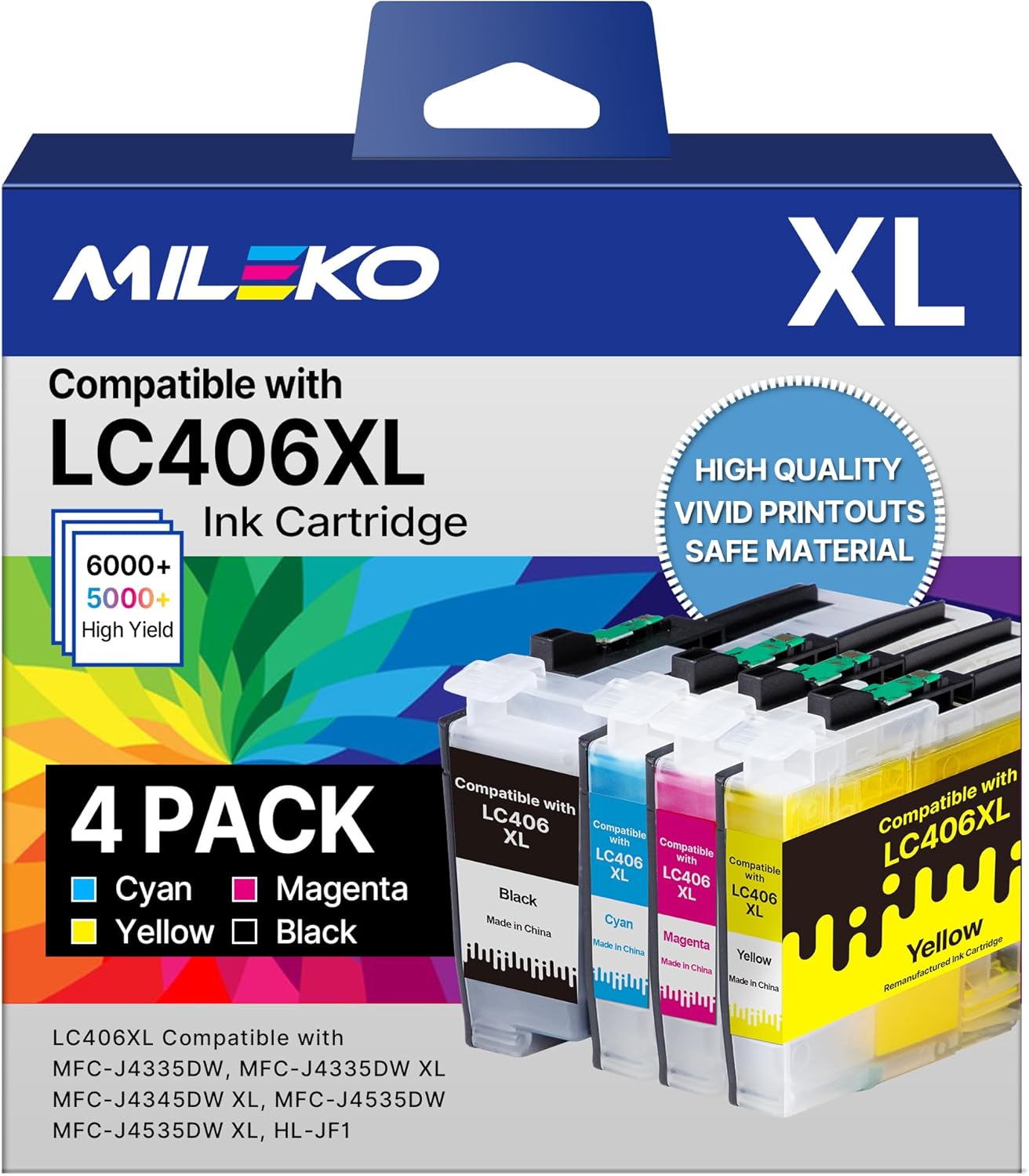 LC406 Ink Cartridges for Brother Printer Replacement for Brother LC406XL LC406 Ink Cartridges High Yield for Brother MFC-J4335DW MFC-J5855DW MFC-J6555DW MFC-J4535DW MFC-J6955DW MFC-J4345DW, 4 Pack