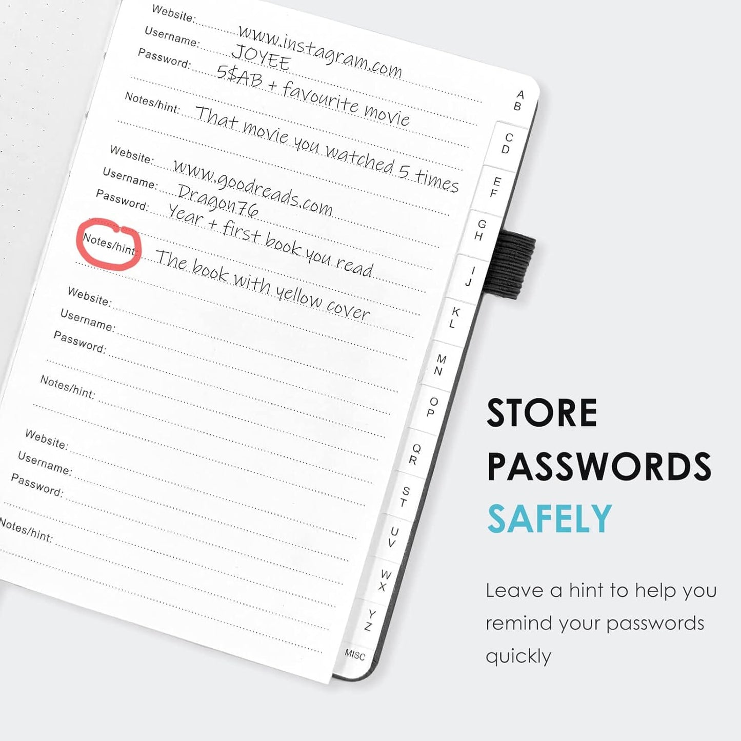 Elegant Password Book with Alphabetical Tabs - Hardcover Password Book for Internet Website Address Login - 7" x 10" Password Keeper and Organizer w/Notes Section & Back Pocket (Black)