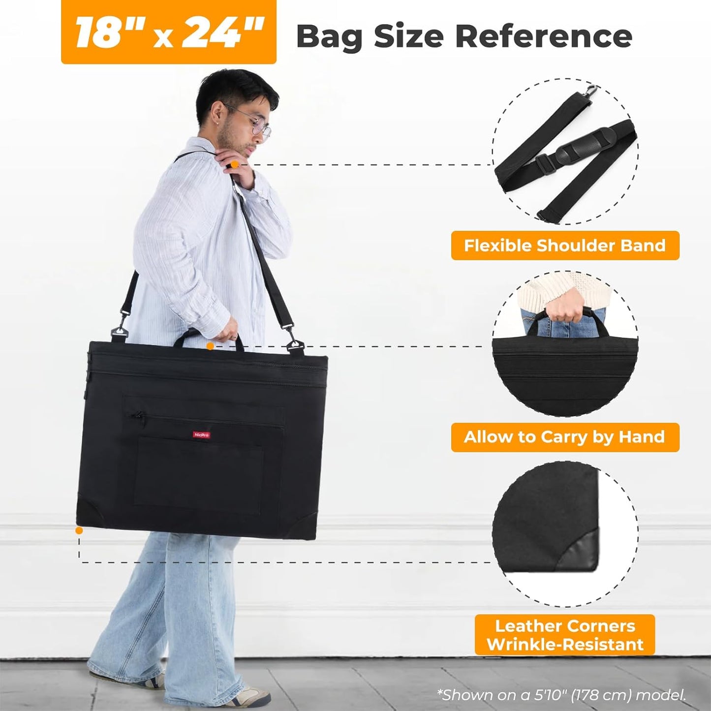 Nicpro Light Weight Art Portfolio Bag, 18x24 Black Art Canvas Portfolio Case with Detachable Shoulder Strap, Leather Corners, Carrying Storage Case for Artwork, Poster, Sketching, and Drawing