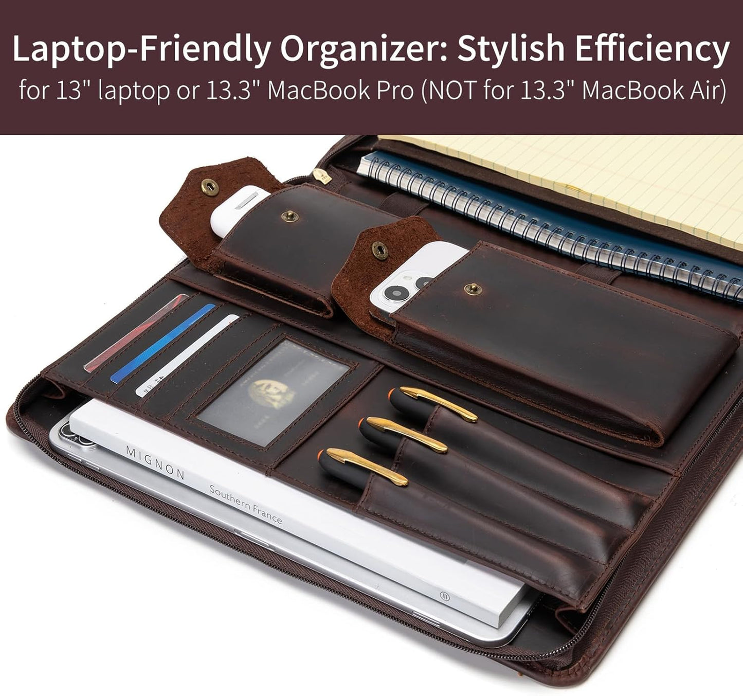 Personalized Genuine Leather Portfolio with Hidden Handle, Zippered Front Pocket, 8.5 x 11 Notebook Holder, Custom Engraved Business Legal Padfolio Travel Folio for Men Women, Dark Brown