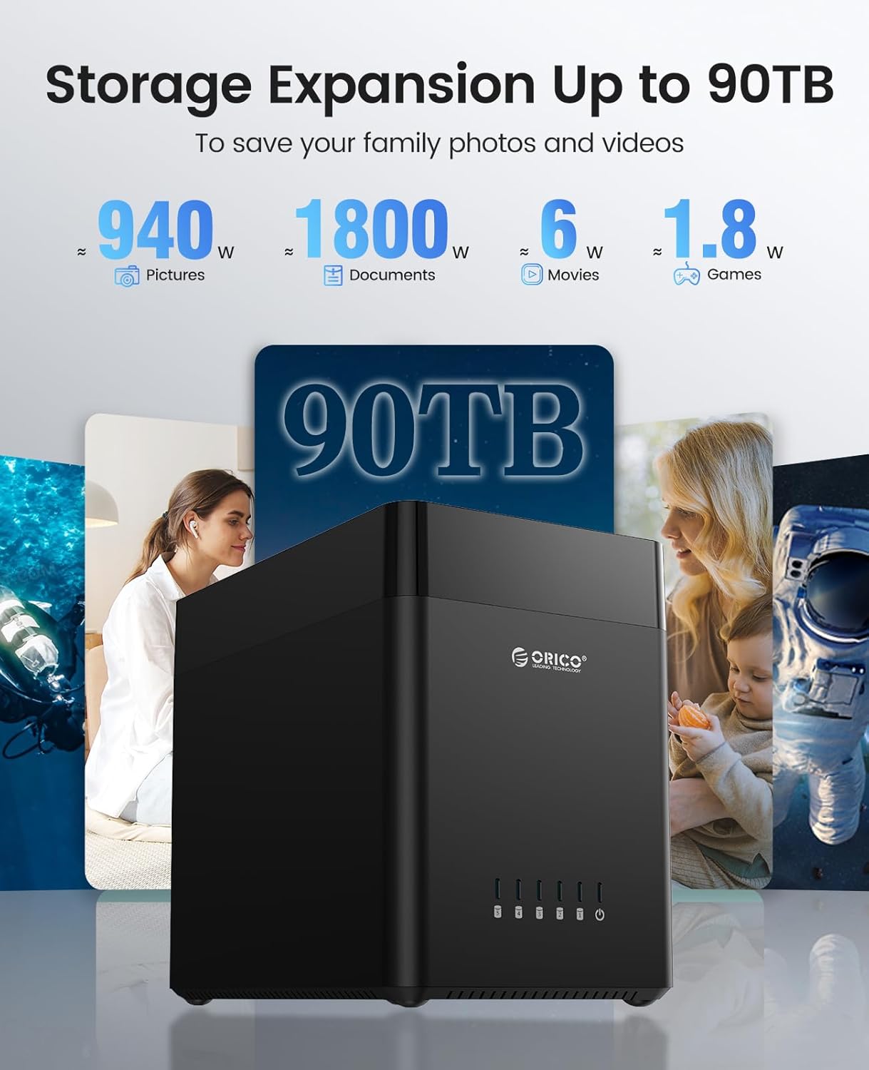 ORICO 5 Bay 3.5 Inch Hard Drive Enclosure USB C to SATA Magnetic Tool-Free External HDD Enclosure with 12V/6.5A Power Adapter for Family Storage Expansion Up to 90TB(5x18) - DS500C3
