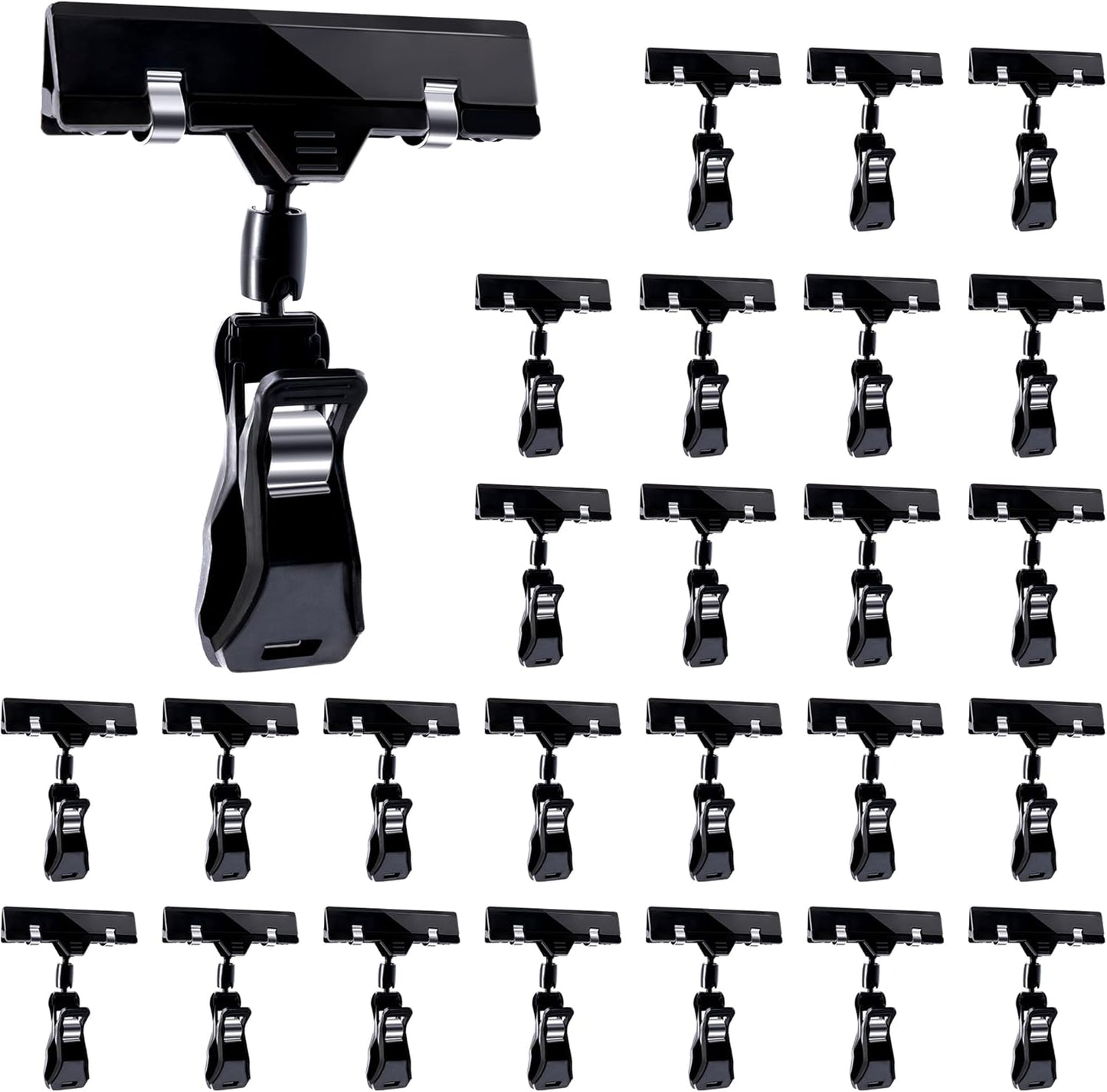 Mlici Sign Clips for Display, 26 Pack Plastic Sign Holder Clips for Retail, Double Sided Swivel Price Label Holder Clips, Rotatable Merchandising Pop Clips for Home Office Retail Store Display, Black